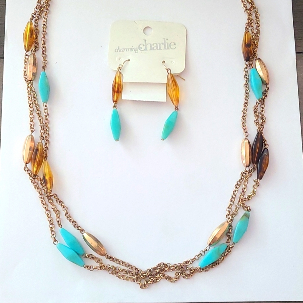 NWT Set Lot of 2 gold, turquoise, and amber necklace and earrings set